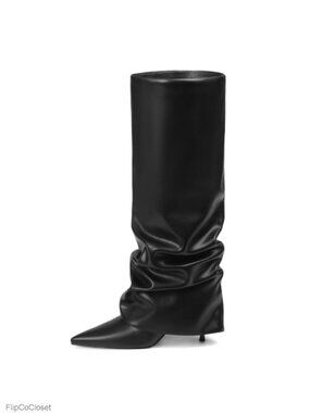Faux Leather Knee High Boots Wide Calf Slouch Fold Over Stiletto Heel